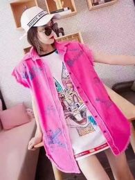 Women's Vests 2024 Summer Printed Denim Vest Women Sleeveless Jackets Loose Stylish Rose Red LX663S