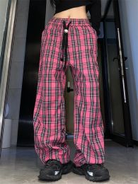Capris QWEEK Harajuku Pink Plaid Pants Women Cyber Y2K Egirl Wide Leg Checked Trousers Female Oversize Streetwear Edgy Style Sweatpants