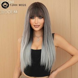 Synthetic Wigs 7JHH wig clothing synthetic long straight Grey with dark roots high-density layered hair Neat Bangs suitable for women Q240427