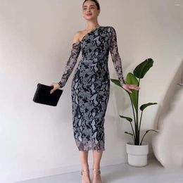 Casual Dresses Women One Shoulder Dress Pullover Party Print Vestidos Sexy Wrap Buttocks Sheath Slim Mid Calf Long Sleeve