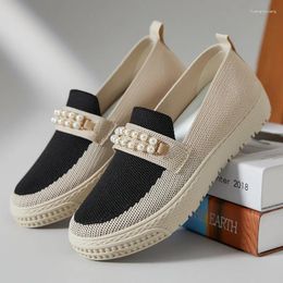 Casual Shoes Platform 2024 Spring Colored Knitted Women Lady Comfort Cloth Pearl Buckle Flat Heels Lazy Loafers