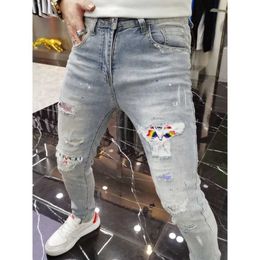 Men's Jeans Vintage Mens Luxury Kpop 2024 New Casual Slim Denim Spring and Autumn Ripped Korean Style Stretch Trousers Q240427