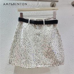Skirts Fashion Clothes Sequined Pink Short Skirt Women's 2024 Summer Korean Style Version Slimming A-line Denim Mini 3 Colors