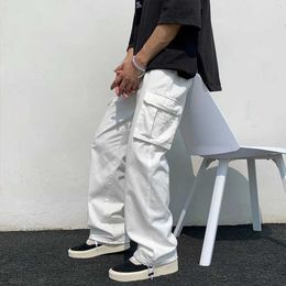 Men's Pants Black/White Cargo Pants Mens Fashion Loose Straight Wide Leg Pants Mens Street Clothing Hip Hop Pocket Casual Pants Mens TrousersL2404