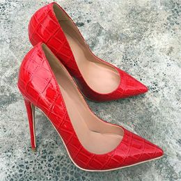 Dress Shoes Red Crocodile-Effect Embossed Pattern Women Sexy Stiletto High Heels Shallow Cut Pointed Toe Slip On Pumps Party