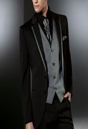 Black Business Men Suits 2018 Grey Notched Lapel Two Button Trim Fit Three Piece Wedding Groom Tuxedos Jacket Pants Vest4264820