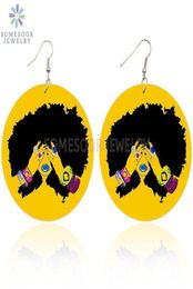 Afro Curls Natural Hair Wooden Drop Earrings Melanin Hiphop Rock Black Girl Loops Both Sides Printed For Women Gifts Dangle Chan2910123