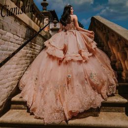 New Mexican pink Quinceanera Dresses Ball Gown Beaded Lace Appliques Sweet 16 Dress Princess Lace Up Vestido De 15 Anos