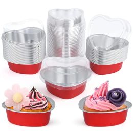 Moulds 50Pcs Aluminum Foil Cake Pan Heart Shaped Cupcake Cup with Lids Baking Cups Ramekins Desserts Flans for Valentine Wedding Decor