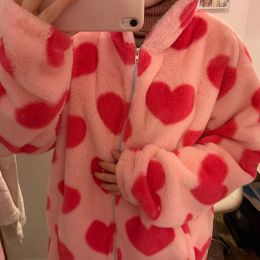 Sweatshirts 2000s Autumn Winter Couple Jacket Harajuku Pink Heartshaped Print Plush Hoodie Zip Up Long Sleeve Korean Fashion Oversized Coat