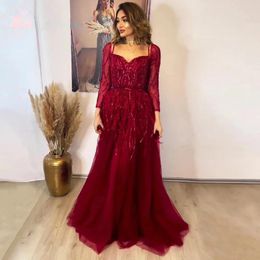 Party Dresses Red Tulle Evening For Women Glitter Sequined 2024 Formal Prom Gown High Split Long Sleeves Luxury Dubai Vestidos