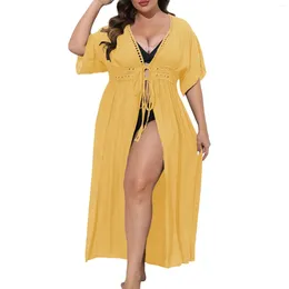 Women Plus Size Drawstring Cover-Ups Swimwear Cardigan 2024 Solid Hollow Out Chiffon Bikini Summer
