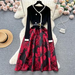 Casual Dresses Elegant Sexy Patchwork V-neck Long Sleeve Belt Knit Dress Vintage Slim Autumn Winter Ceremonial A-line Ball Gown