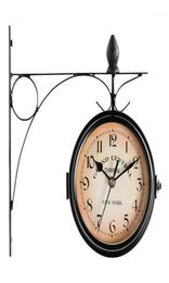 Wall Clock Vintage Battery Powered Mount Garden Outdoor Decoration Double Sided Retro Hanging European Style Coffee Bar Round16366176