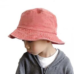 Wide Brim Hats Bucket Washed denim bucket hat for children wide cotton fisherman girls and boys summer Panama sun outdoor beach fishing Q240427