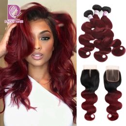 Wigs Racily Hair Ombre Brazilian Body Wave Bundles With Closure T1B/Burgundy Human Hair 3/4 Bundles With Closure 99J Red Remy Hair