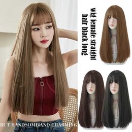 Synthetic Wigs Womens long hair wig black straight natural gas bangs suitable for womens daily use as a real Q240427