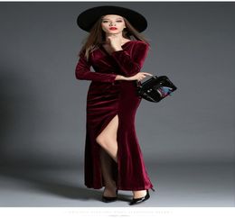 Burgundy Velvet Dresses Party Evening Sexy Side Slit Long Sleeves Prom Dress Ankle Length Plus Size Formal Gowns7158150