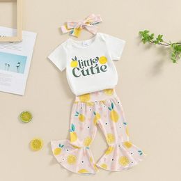 Clothing Sets RWYBEYW Born Baby Girl Summer Clothes 0 3 6 9 12 18 Months Letter Print Short Sleeve Romper Lemon Flare Pants Headband Set