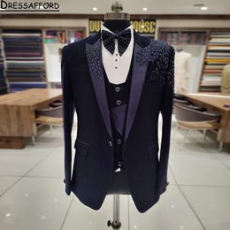 Dark Navy Men Suits Beading Appliques Groom Wedding Tuxedos 2 Pieces Sets Dinner Prom Blazers Terno Masculino Completo