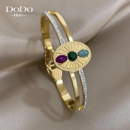 Link Bracelets DODOHAO Vintage Retro Stainless Steel 18K Gold Plated Bracelet Women Colourful Resin Stone Statement