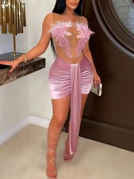 LW SXY Velvet Feather Decor Prom Dress O Neck Sleevess Pink Party Clubwears Sexy Hipster Skirts Patchwork Vestidos 240426