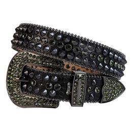 Western Cowboy Bling Black Diamond Crystal Rhinestones Belt Black Crocodile Leather Studded Spike Rivet Belt Removable Buckle for7658056