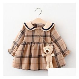 Girls Dresses Cute Baby Princess Dress Spring Autumn Girl Long Sleeve Plaid With Little Bear Great Quality Kids Casual Skirts Children Dhz25