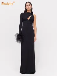 Casual Dresses Modphy 2024 Women's Elegant Celebrity Party One Shoulder Long Sleeve Feather Black Tight Maxi Dress Sexy Club