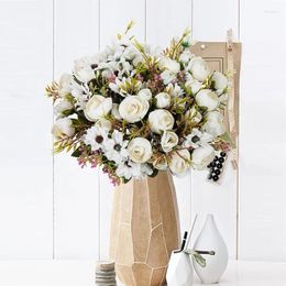 Decorative Flowers Artificial Small Tea Rose Vases For Home Decor Wedding Leaves Needlework Ornamental Flowerpot Christmas