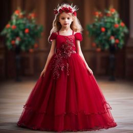 Girl's Dresses Elegant Teen Girls Birthday Party Gown Princess Lace Appliques Bridesmaid Flower Dress for Wedding Kids Formal Prom Long Gown