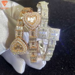 2024 All Lce Out Bling Heart Baguette Moissanite Bracelet S925 Sterling Silver Adjustable Bracelet Hip Hop Jewelry for Women