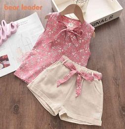 Bear Leader Children Clothes Girls Set Cute Bowknot Sleeveless Print Pattern Top Fashion Short Pant with Belt Suit for Kid Girl 24087044