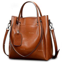 2024 New Women's Bag Genuine Leather One Shoulder Crossbody Bag Women's Handheld Large Bag Oil Wax Cowhide Korean Edition Casual Women's Bag