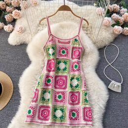 Design Womens Clothing Korean Style Slimming Colour Needle Hollow Crocheted Woven Suspender Dress Fashion