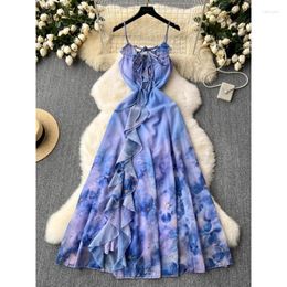 Casual Dresses Temperament Ruffles Sling Beach Party Dress Women Fashion Chic Backless Stitching Split Oil Painting Printed Holiday Long