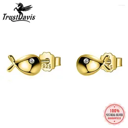 Stud Earrings TrustDavis Genuine 925 Sterling Silver Fashion Cute Small Fish Shiny CZ For Women Jewelry DD972