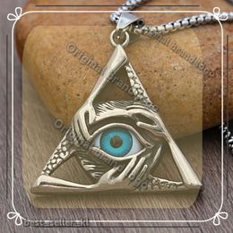 Retro All Seeing Eye Pendant Designer Necklace Punk Three-handed Embrace Triangle Evil Eye Necklace 14K White Gold Men Jewelry Gift 872