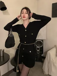 Casual Dresses GkyocQ French Black Knitted Dress Female Fall And Winter Waist Slim Sheath With Temperament Chain