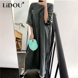 Party Dresses 2024 Summer Solid Colour Tshirt Dress Women Round Neck Half Sleeve Fashion Casual Straight Skirt Korean Style Young Robe