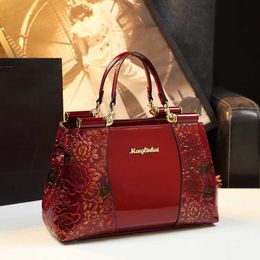 Style Chinese Fashion Big Bag Middle Aged Mom Exquisite Lacquer Leather Womens Single Shoulder Crossbody Handbag