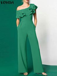 Plus Size 5XL VONDA Elegant Office Jumpsuits Women Long Rompers 2024 Summer Casual Solid Color Ruffled Off Shoulder Overalls 240420