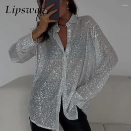 Women's Blouses Elegant Shiny Sequin Party Shirt Blusa Spring Autumn Long Sleeve Loose Tops Cardigan Women Fashion Lapel Single-breasted