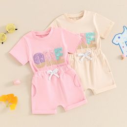 Clothing Sets Summer Toddler Infant Baby 1st Birthday Outfit Letter Embroidery Short Sleeve T-Shirt With Solid Color Shorts For Boy Girl