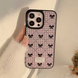 Cell Phone Cases Black Bowknot Pink Plaid Leather Cover Case For iPhone 15 14 13 12 11 Pro Max Plus Phone Case J240426