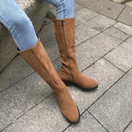 Boots QPLYXCO 2024 Nubuck Leather Female Western Cowgirls Square Low Heels Knee High Womens Winter Warm Plush Riding