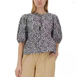 Women's Blouses 2024 Spring And Summer Printed Knotted Bubble Shirt Round Neck Women