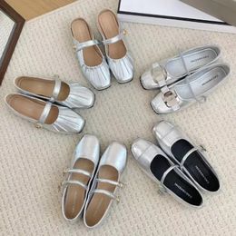 5 Style Womens Shoes Silver Ballet Flats Square Toe Slipper Double Mary Janes Shoes Elastic Band Boat Shoes Zapatos Mujer 1810N 240423