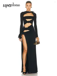 Casual Dresses 2024 Women's Sexy Hollow Max Dress O-neck Long Sleeved Bodycon Split Black Celebrity Evening Club Party Vestidos