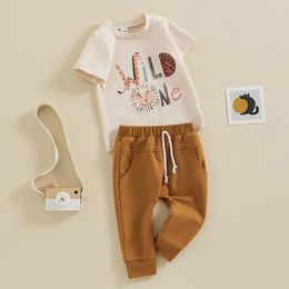 Clothing Sets Baby Boy 1st Birthday Outfits Wild One Short Sleeve Animal T-Shirt Tops Solid Pants Set Cake Smash Clothes Gift